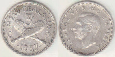 1937 New Zealand silver Threepence A005116